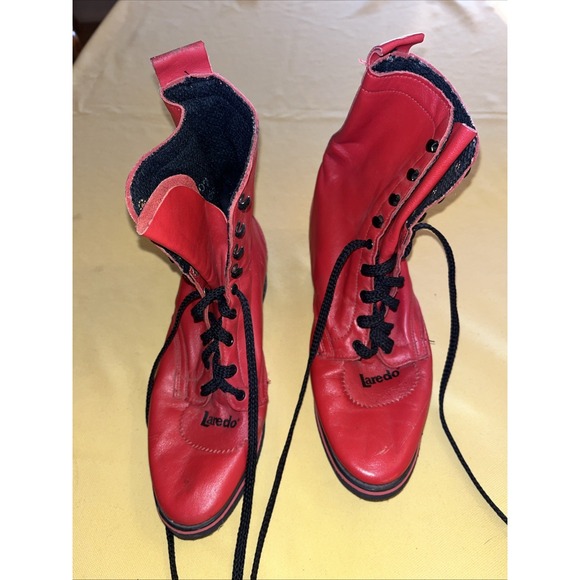 Laredo Shoes - Vtg Laredo Western Red Lace Up Boots Size 6.5 Model 16540 Leather Rubber Sole.
